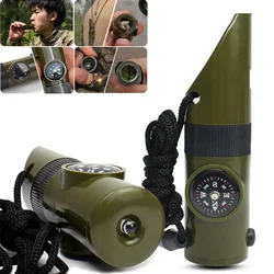 Jungle Survival Whistle Hiking Whistle Compass Mirror Flashlight Magnifier LED Light Thermometer Storage Compass Tool