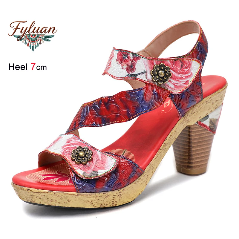 

New Summer Red Ethnic Style Retro Rose Genuine Leather Women's Sandals Thick Heels Round Toe Flowers Ladies Pumps Bohemian Shoes