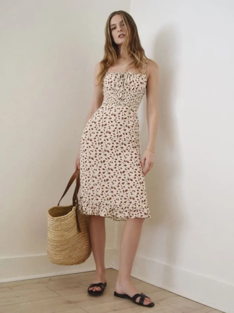 

Rose Bud Floral Print A-Line Midi Dress Adjustable Waist Sash American Retro Style Summer Casual Strapless Gown for Women
