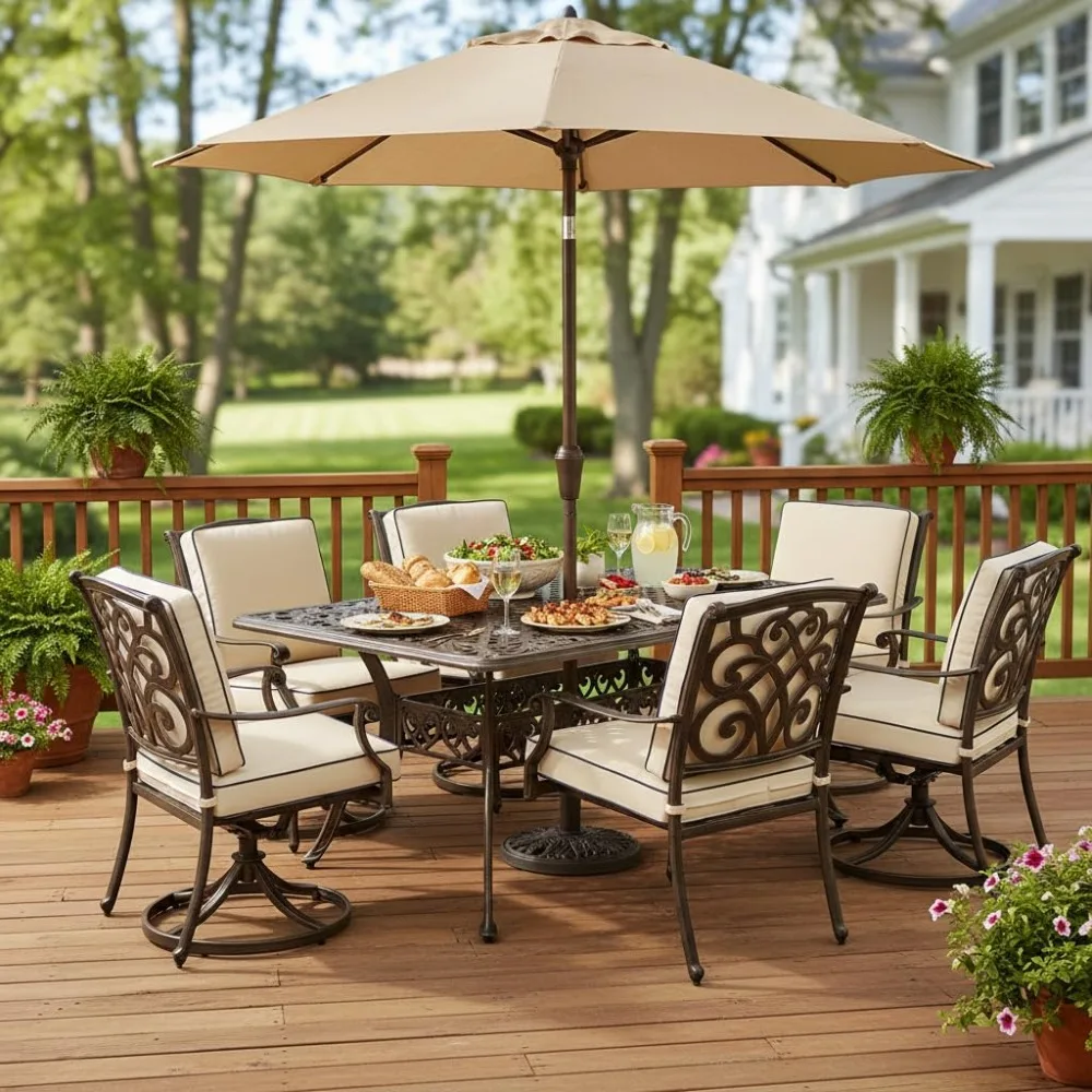 

59 Inches Outdoor Dining Table, All-Weather Cast Aluminum Table with Umbrella Hole, 6-8 Person Rectangular Dining, Customized