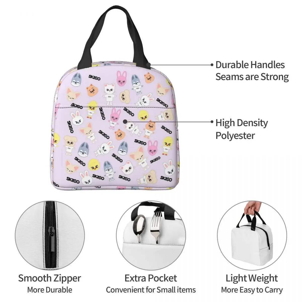 STRAY Cute KIDS Insulated Lunch Bag Large Straykids SKZ Kpop Idol Reusable Thermal Bag Tote Lunch Box Beach Outdoor Food Handbag