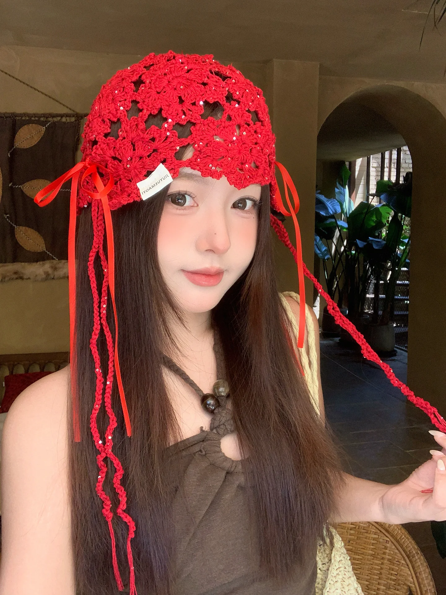 Spring Summer New Style Thin Breathable Knitted Tunic Hat for Women Knot Shiny Hollow out Head Cap Casual Style