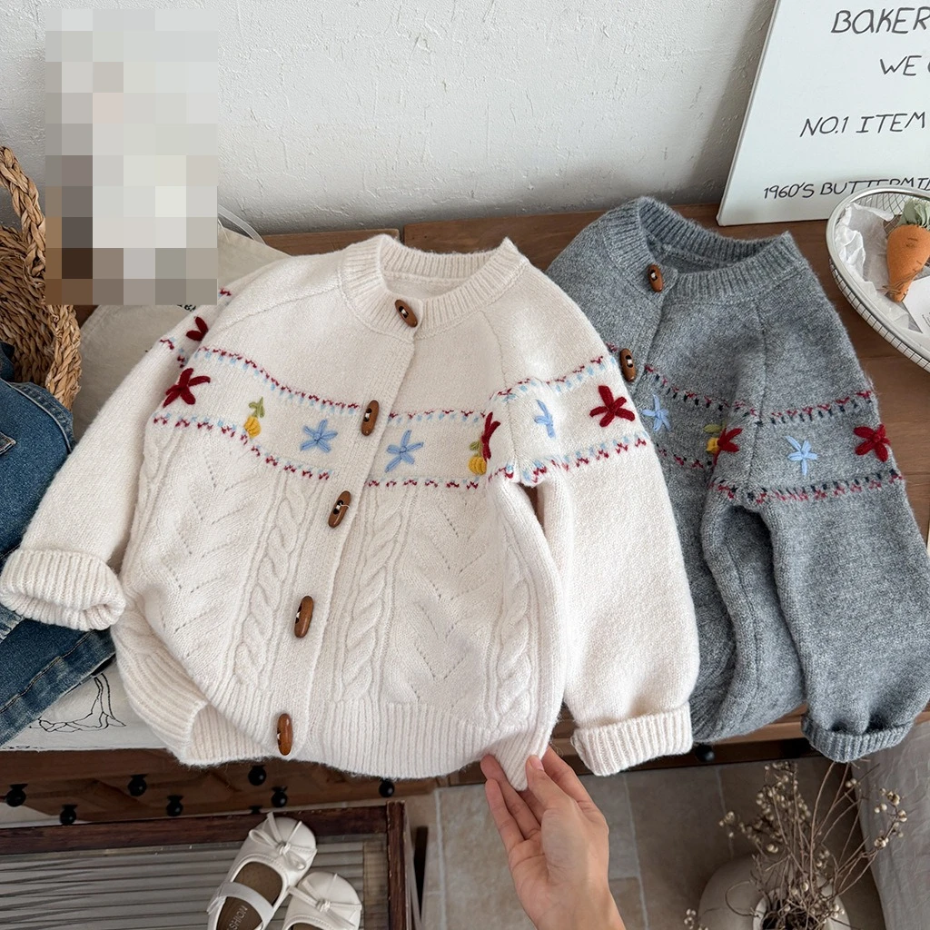 Fall Winter Kids Round Neck Long Sleeve Knit Cardigan Loose Vintage Embroidery Casual Stylish Childrens Wear Sweater Jacket