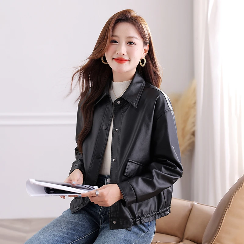 Nuova versione coreana moda invernale versatile giacca corta in pelle Pu per donna cappotto casual allentato colletto primaverile e autunnale femminile