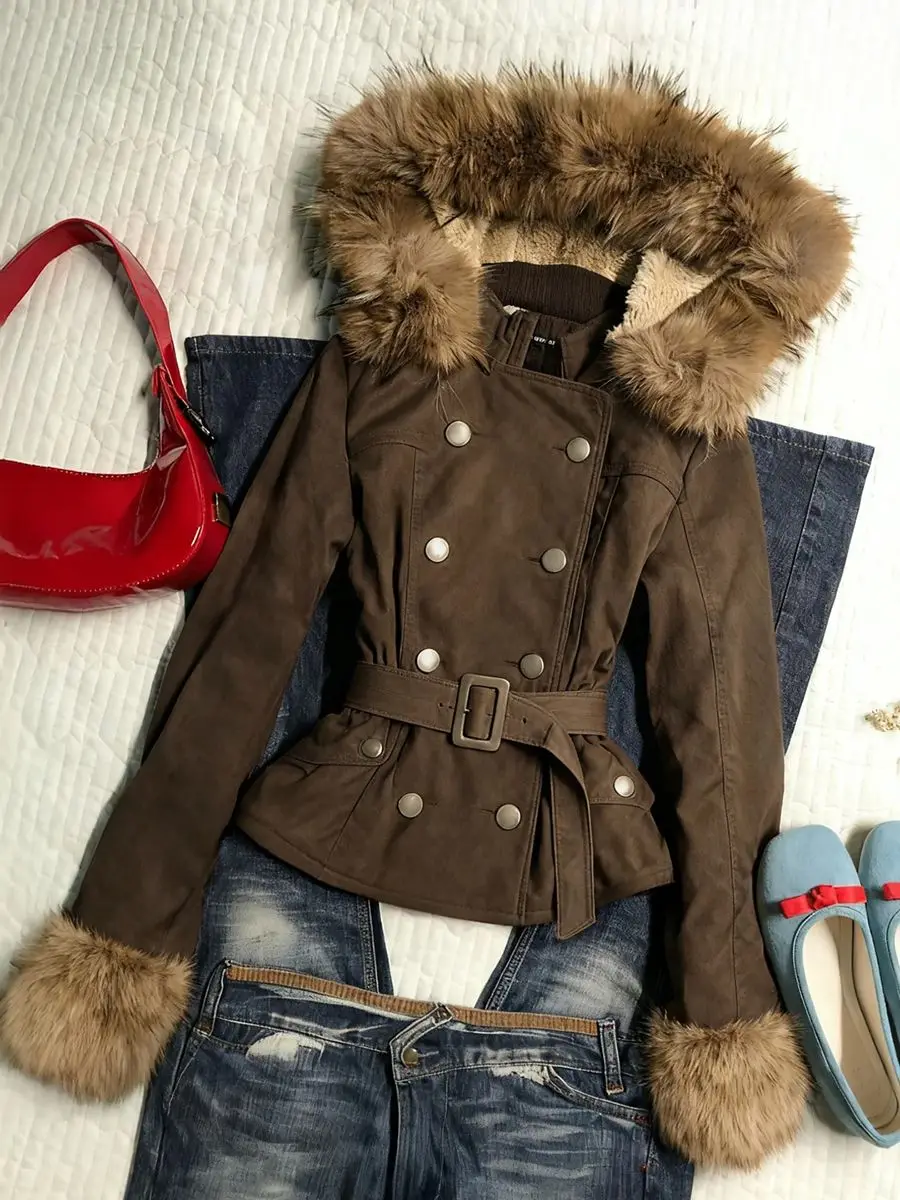 

American Gyaru Acubi Alt Grunge Tunic Brown Double Breasted Fur Collar Jacket Outwear Chic Winter Coat Overcoat Women