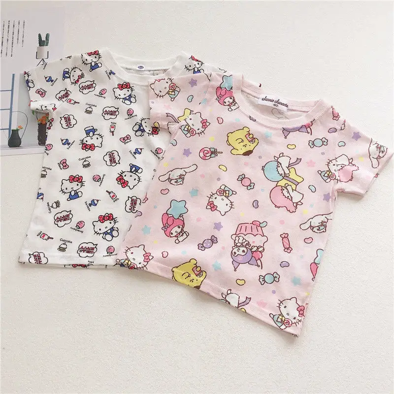 Anime Sanrios Kinderen Met Korte Mouwen Hello Kittys Meisje Cartoon Katoenen T-Shirt Ademende Mode Tops Zomer Dunne Kinderkleding