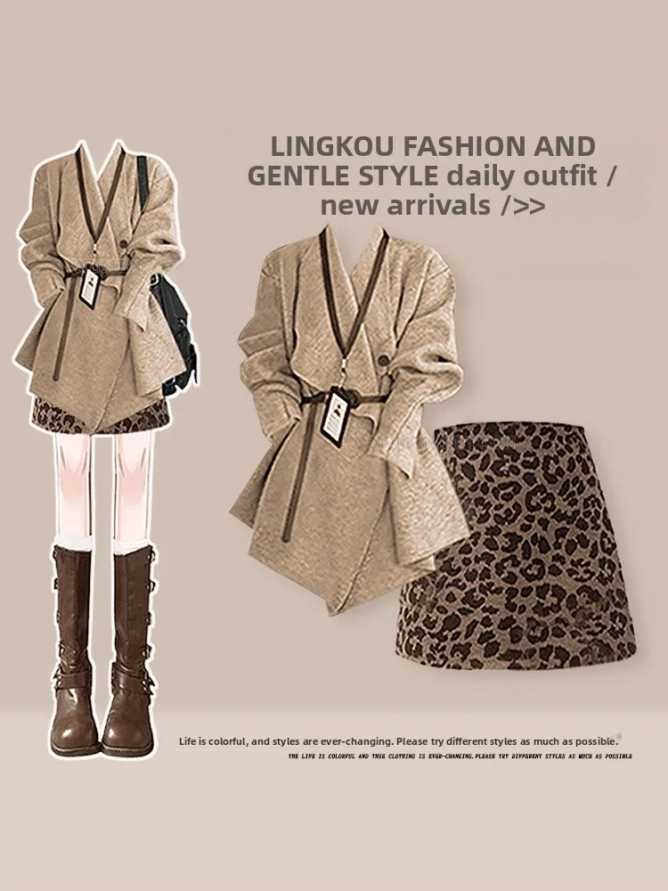 

Unique Leopard Print ort Skirt And Jaet Set Women's Autumn Winter Faion Slim Fit Two Piece Suit Casual Sle High Waist