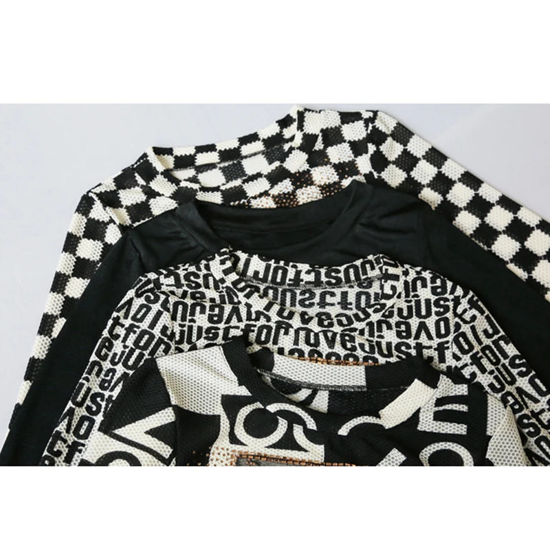 Fall Winter Korean Clothes T-Shirt Sexy O-Neck Patchwork Print Diamonds Letter Women Tops Long Sleeve Drill Hand Made Tees 1132