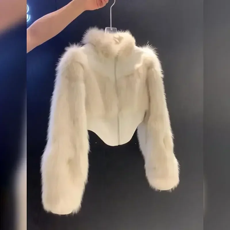 Abrigo de piel sintética de visón empalmado de PU blanco para mujer, chaqueta de retales de piel de zorro con cremallera, cárdigan, Parka flocado, Top de otoño e invierno