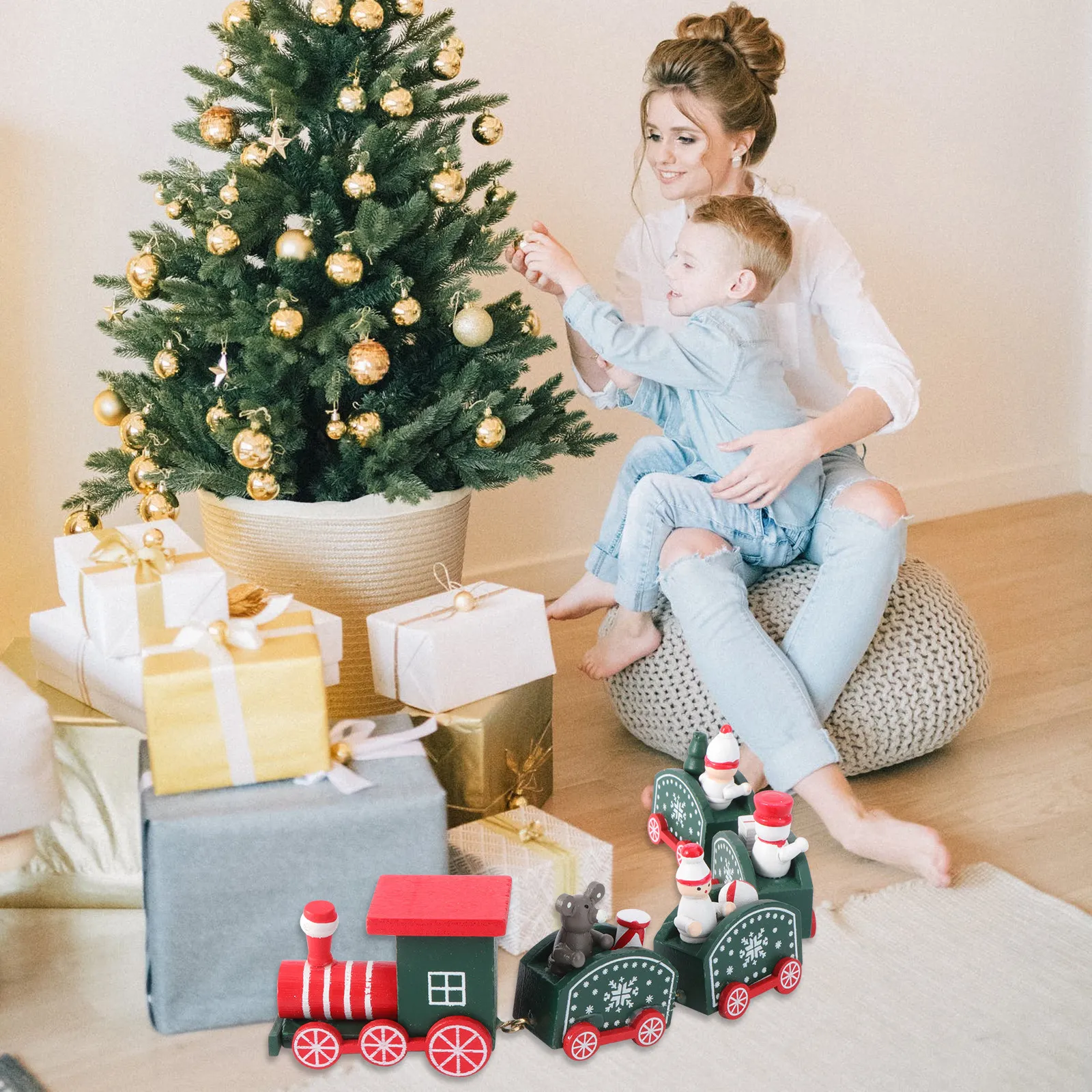 

Wooden Snowman Christmas Train Small Green Wooden Construction Xmas Decoration Holiday Gift for Kids Christmas Train