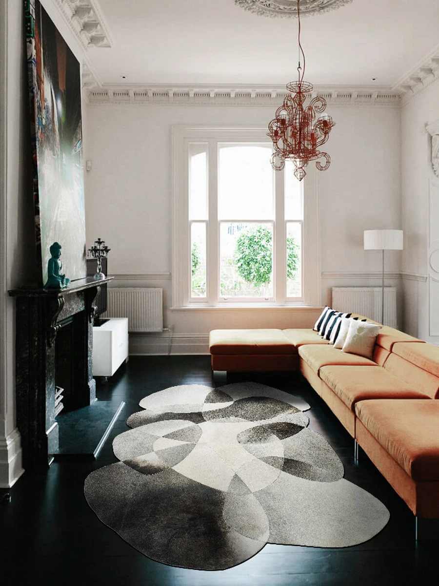 Unique Irregular Real Cowhide Carpet Living Room Grey Stone Pattern Large Home Area Rug Geometric Simple Study Floor Mat