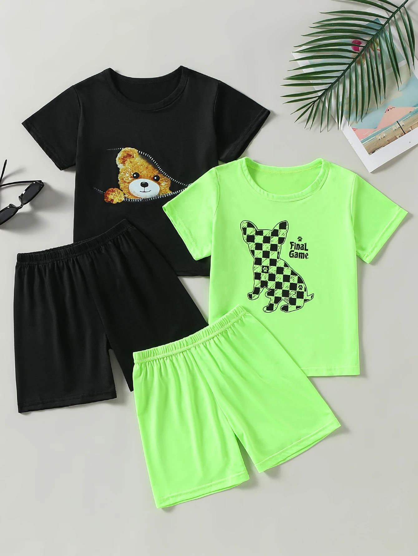 2/4-Piece Set of Children's Summer Cartoon Printed Short-Sleeved Shorts for Boys Comfortable Round Neck T-Shirt Versatile Shorts