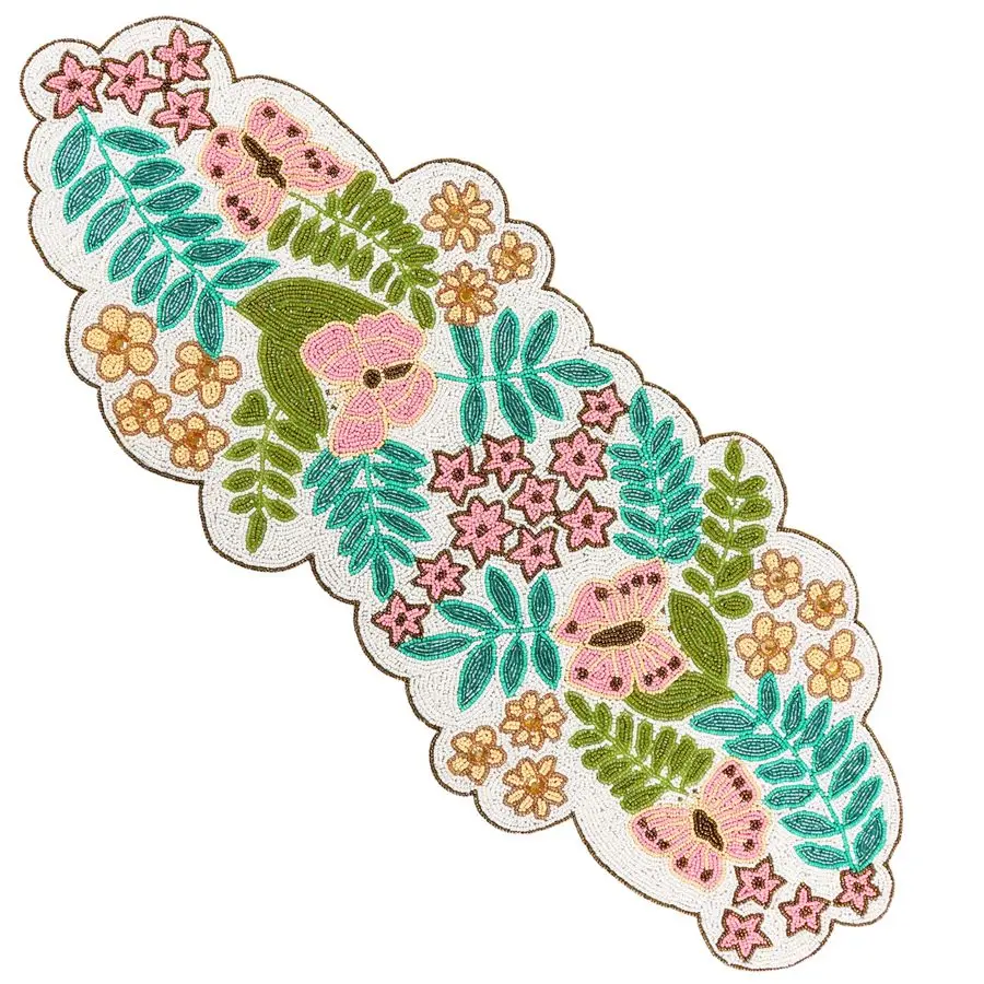 

Ручная работа, бисерная дорожка на стол 35 дюймов, весенняя цветочная дорожка с бабочками, розовыми цветами и зелеными листьями, пастельный декор для стола