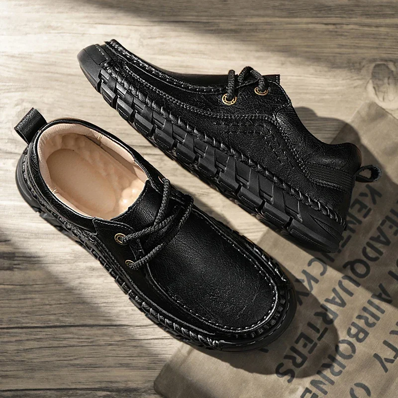 Breathable Leather Loafers Men's Summer Shoes Comfty Driving Thick Sole Shoes Casual Sneakers  Hand-stitching Their Flat