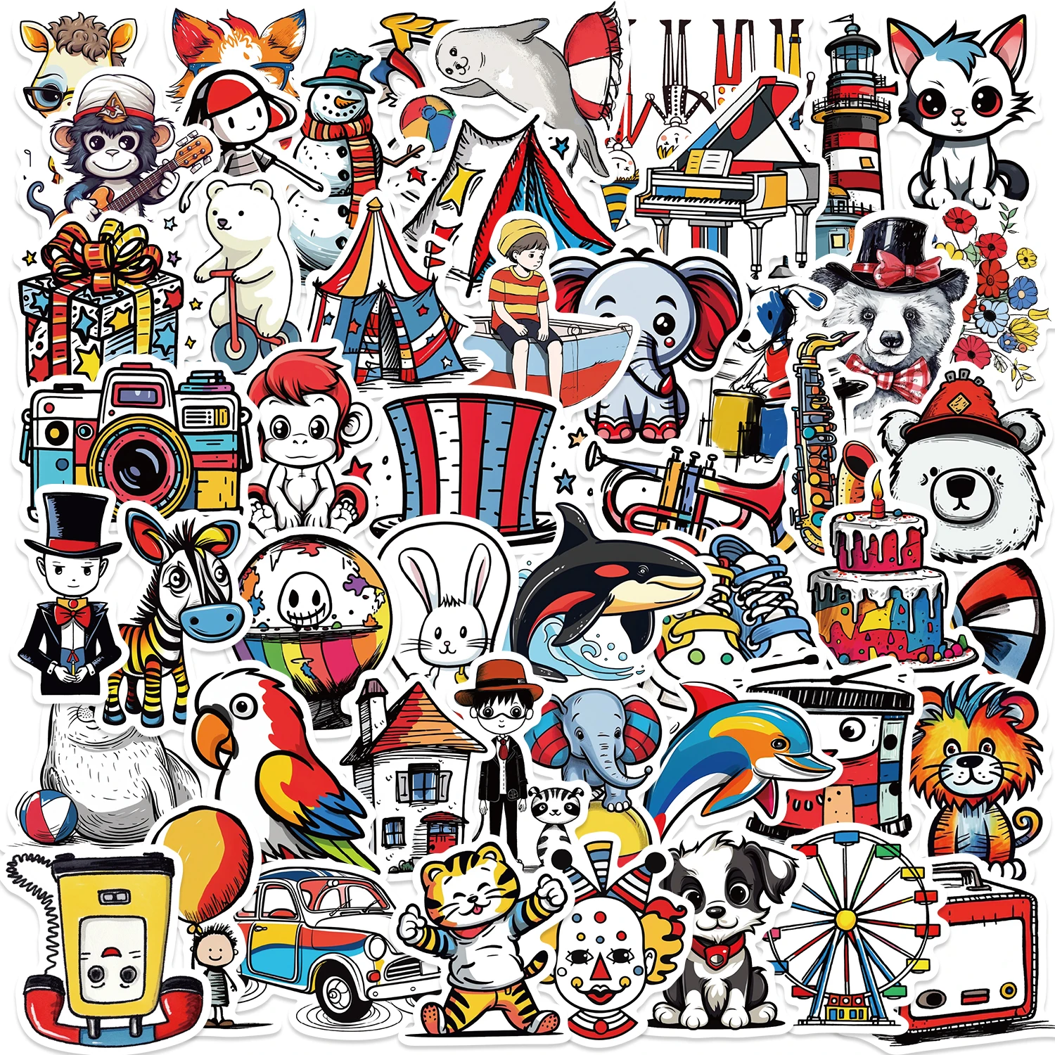 50pcs Cartoon Circus Stunt Children's Sticker Art Interesting Aesthetics Graffiti Laptop Clipbook Bottle Sticker Gift