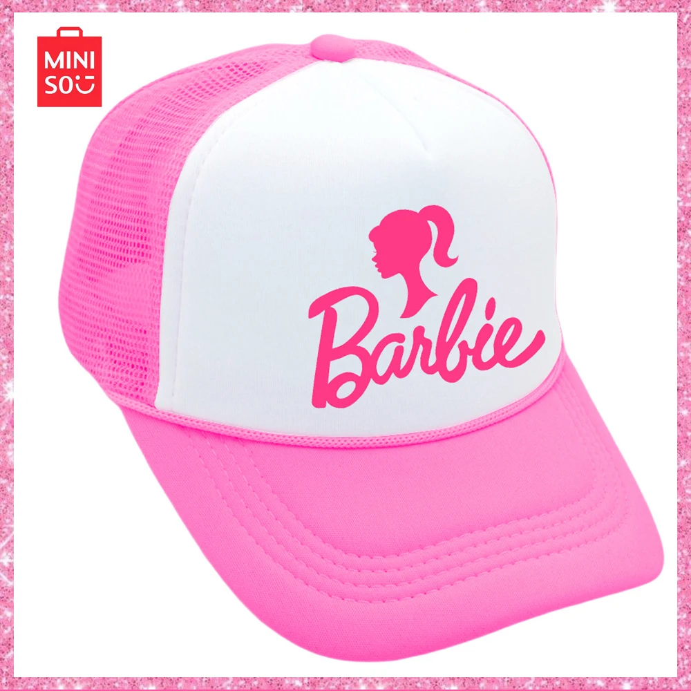 Miniso Pink Barbie Baseball Cap Mesh Cap Summer Beach Female Sun Hat Girlfriend Party Trucker Cap Casual Sports Birthday Gift