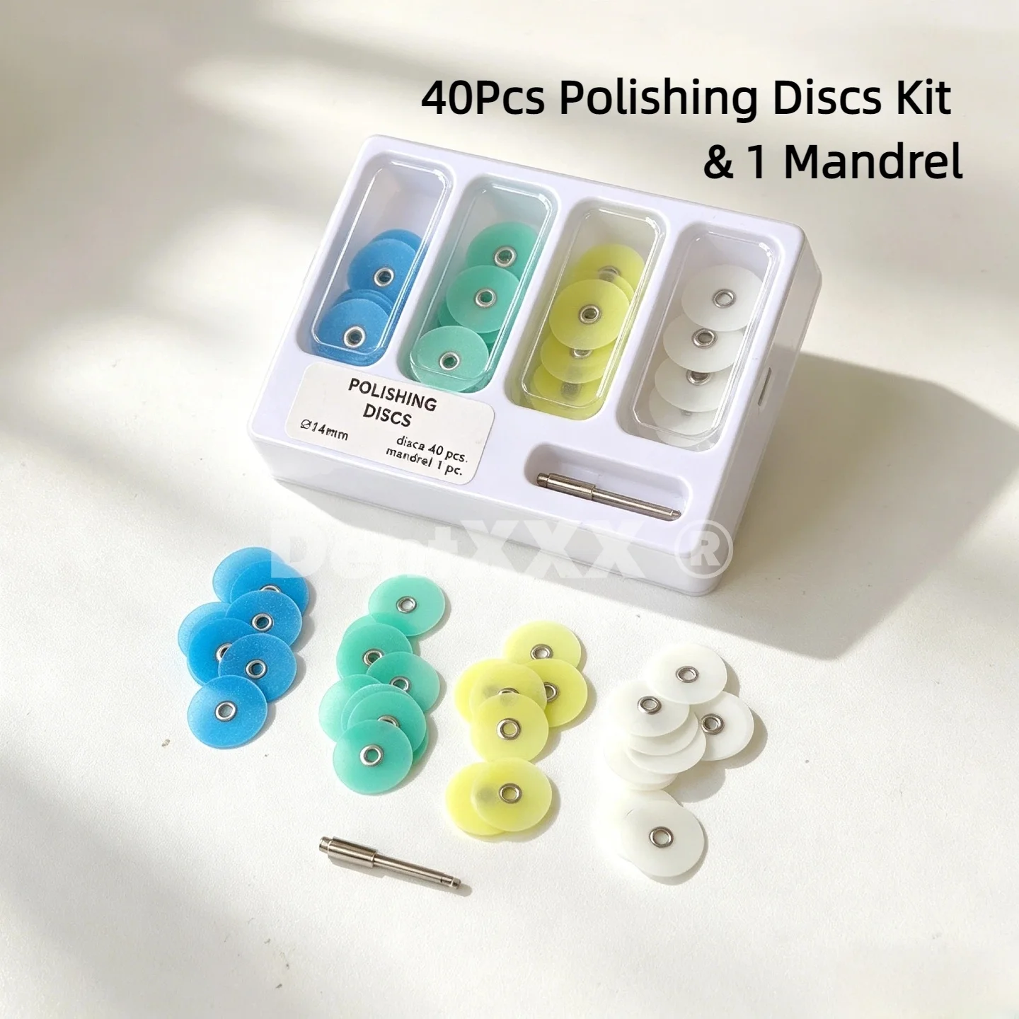 Kit surtido de discos de pulido de 14 mm, 40 piezas, con mandril, codificados por colores (azul/verde/amarillo/blanco) para reducción de desgastes, contorneado y acabado.