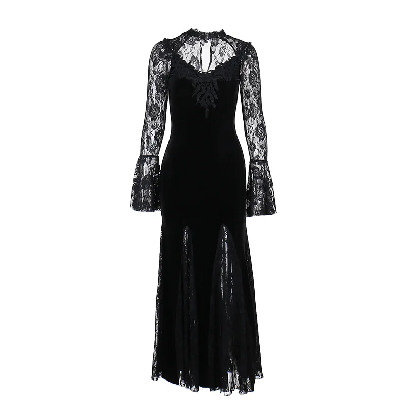 Black Lace Printed Long Dress For Women See-Through Hollow Out High Waist Patchwork Sexy Party Dress Women's Summer Dress