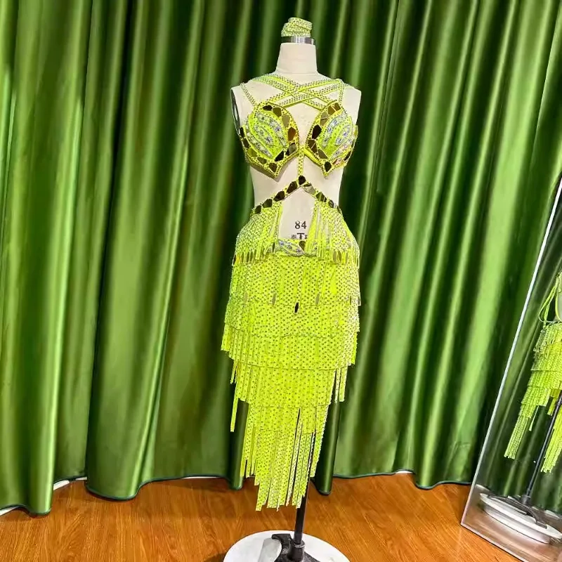 Trajes de danza del vientre personalizados, grupo de baile de tambor verde fluorescente, sujetador latino, falda con flecos, conjunto de trajes de Carnaval de Samba