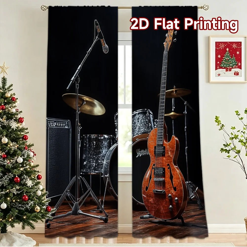 2D flat 2pcs Curtain Home Short Curtains Jazz Stage Instruments Digitally printed polyester Festive Wall Decor for All Occasions