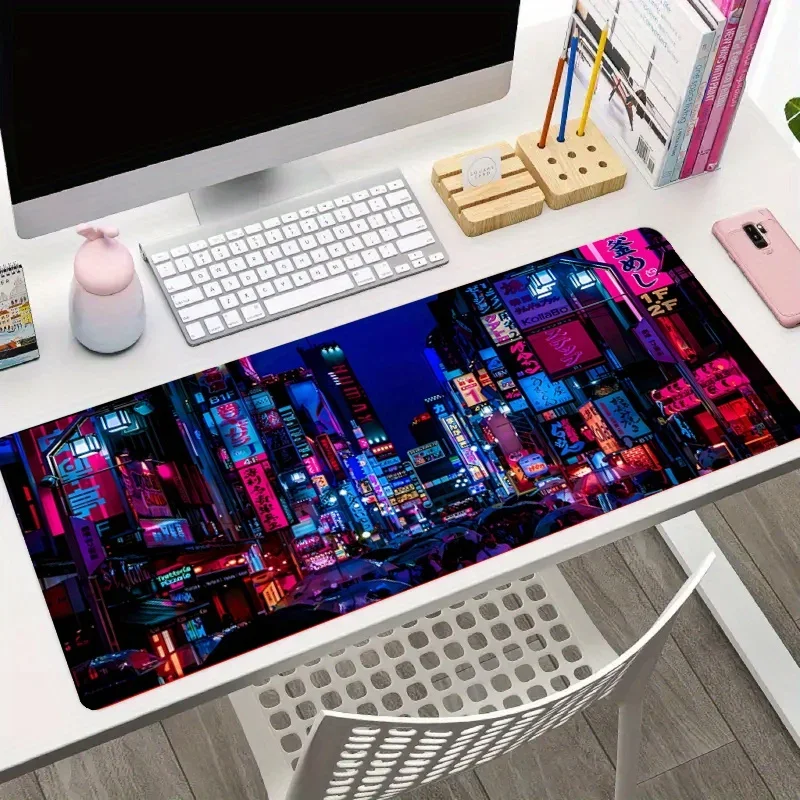 Cyberpunk Neon City Night View Large Gaming Mouse Pad Office Desk Mat Computer Keyboard Pad Birthday Holiday Gift for Men Friend