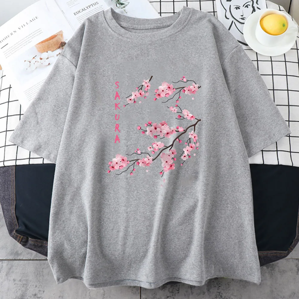 Sakura Cherry Blossom Women\'s T-shirt 100% Cotton Short Sleeve T Shirt Funny Lovely Print Tee Shirt Female Clothing High Quality