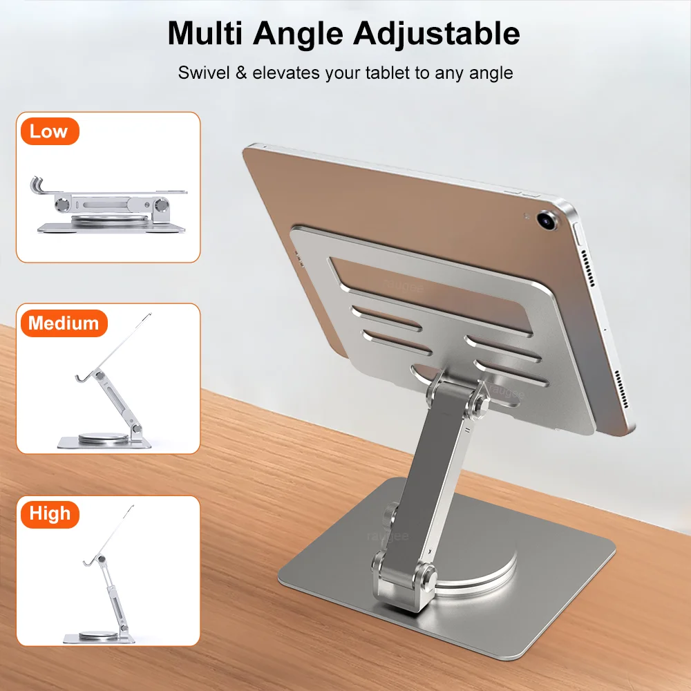 Tablet Holder for iPad Stand Aluminum Alloy Desktop Tablet Bracket Support Height Adjustable 360° Rotation Portable and Foldable