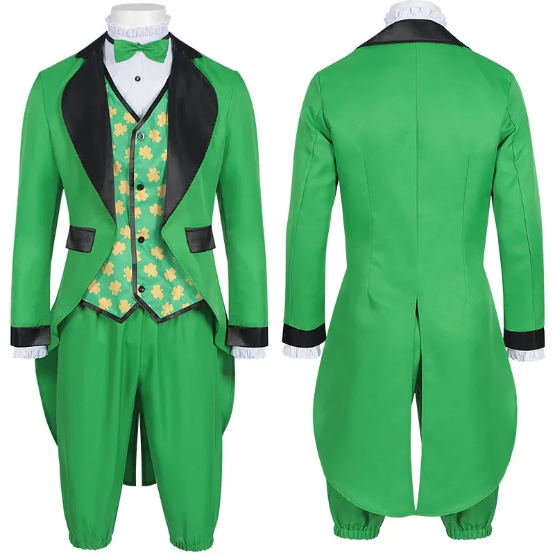 

New Halloween Cosplay Costume Bright Green Four Leaf Vest Clover Bow Tie Tuxedo Theme Party Role Playing Outfits for Adult Men
