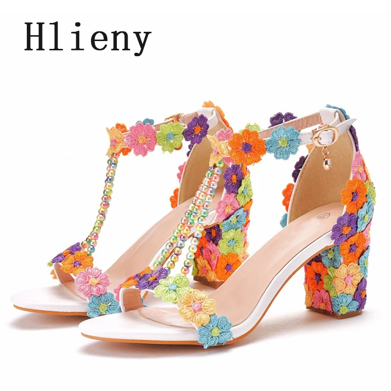 

Hlieny Fashion Design Mixed Color Flower Women Sandals Buckle Strap Open Toe 2024 Summer Gladiator High Heels Party Ladies Shoes