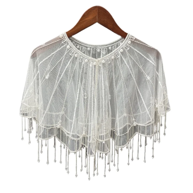 

Women Flapper Retro 1920s Luxury Handwork Beaded Tassel Shawl Vintage Flapper Evening Cape Sheer Mesh Vertical Bar Bolero Party