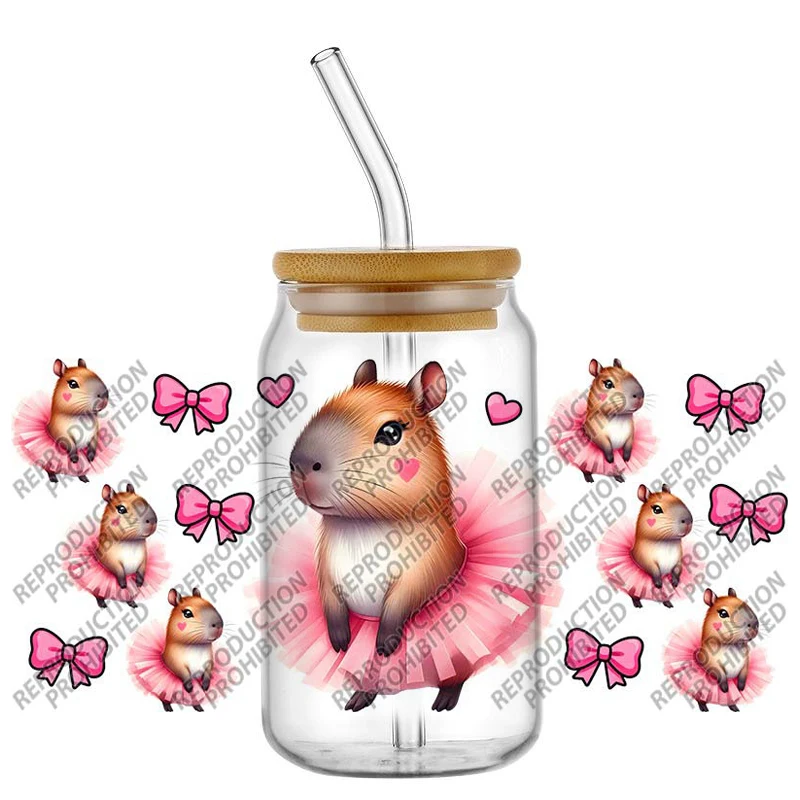 Cute Pink Capybara UV DTF Wraps Bow Heart Tutu Sweater Stickers Waterproof DIY Decals for 16oz Libbey Glass Cans