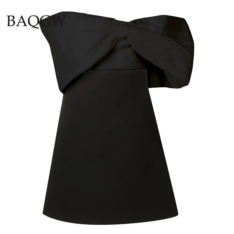 Irregular Design Big Bow Patchwork Dress Female Summer Elegant Birthday Party One Shoulder Party Evening Luxury Mini Dresses