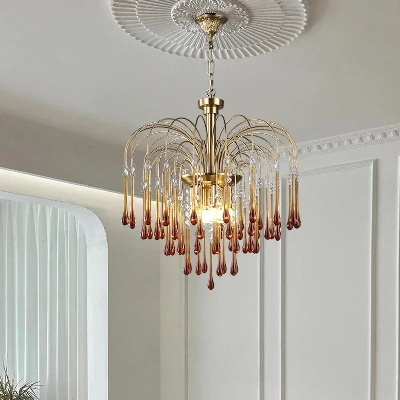 French  Retro Branch Colorful Crystal Chandeliers For Living Room Romantic Raindrop Coloful Crystal Hanging Pendant Light