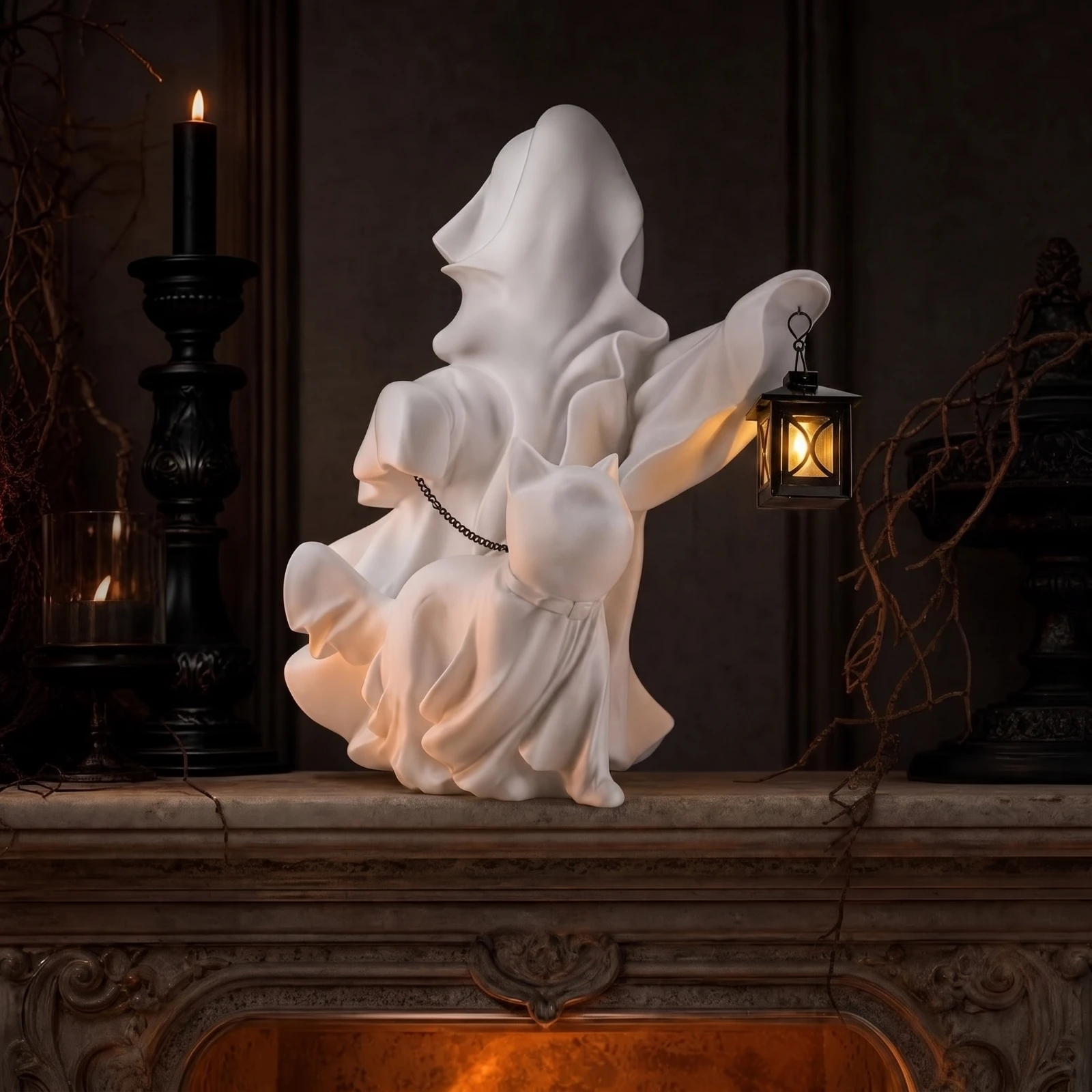 Ghost Statue with Cat Cute Ghost with Walking Cat Ornament Whimsical Decor Charming for Mantel, Entryway