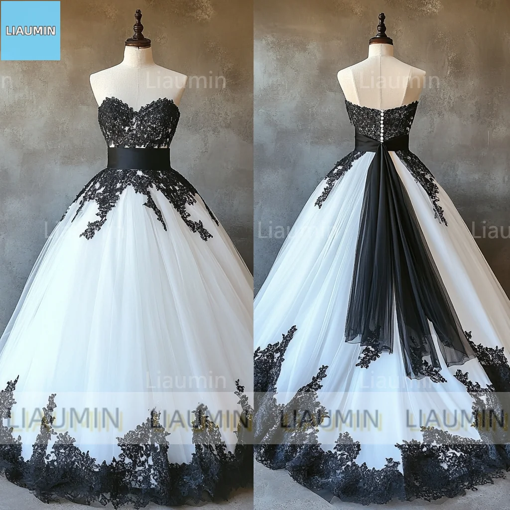 White or Ivory Tulle With Black Lace Applique Prom Formal Wedding Dresses Evening Bridesmaid Party Clothing Customized C-10.2