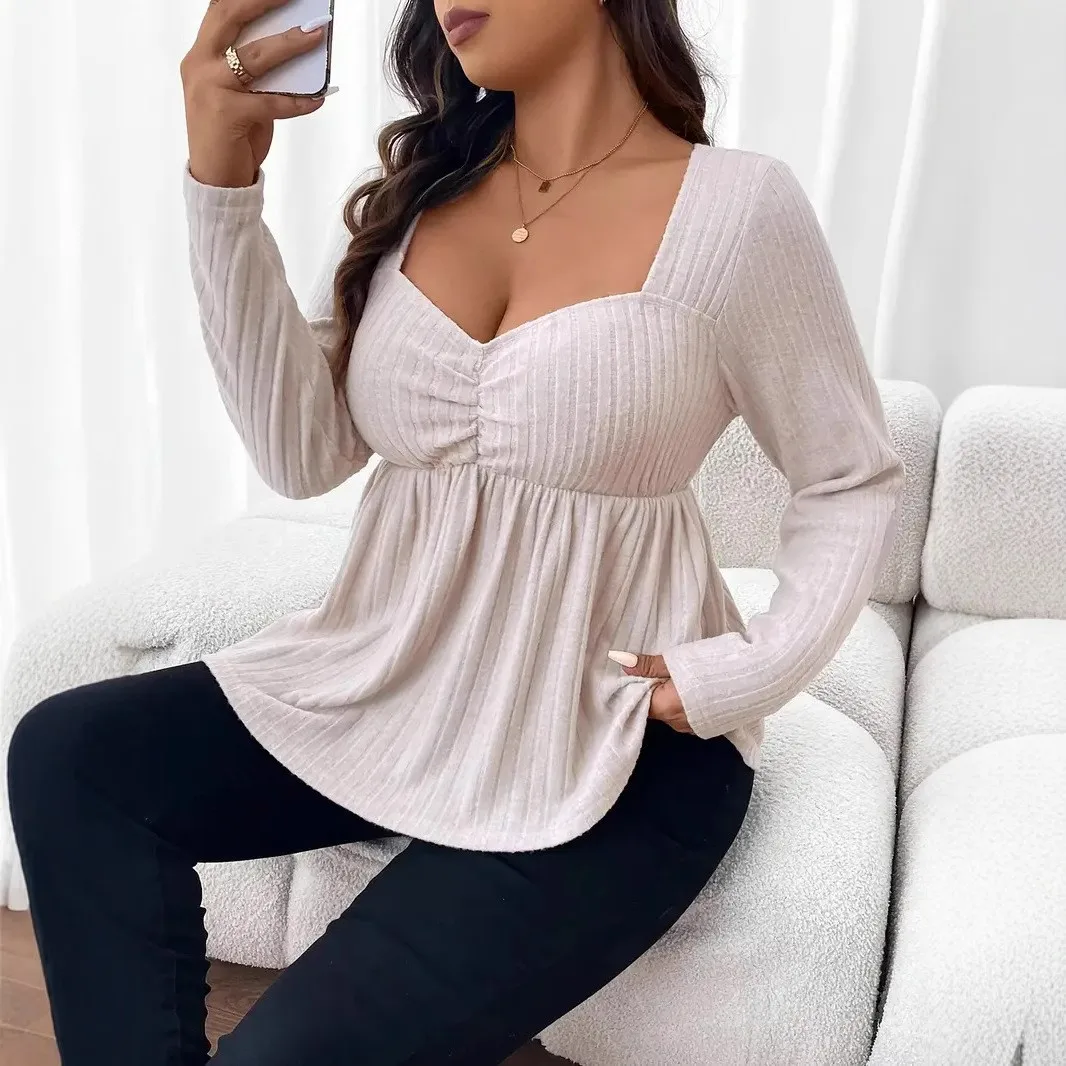 U Neck Pullover Top Short Length Elegant Women Long Sleeve Shirt with Slim Fit Spring Top T Shirts Medium Weight Commuter