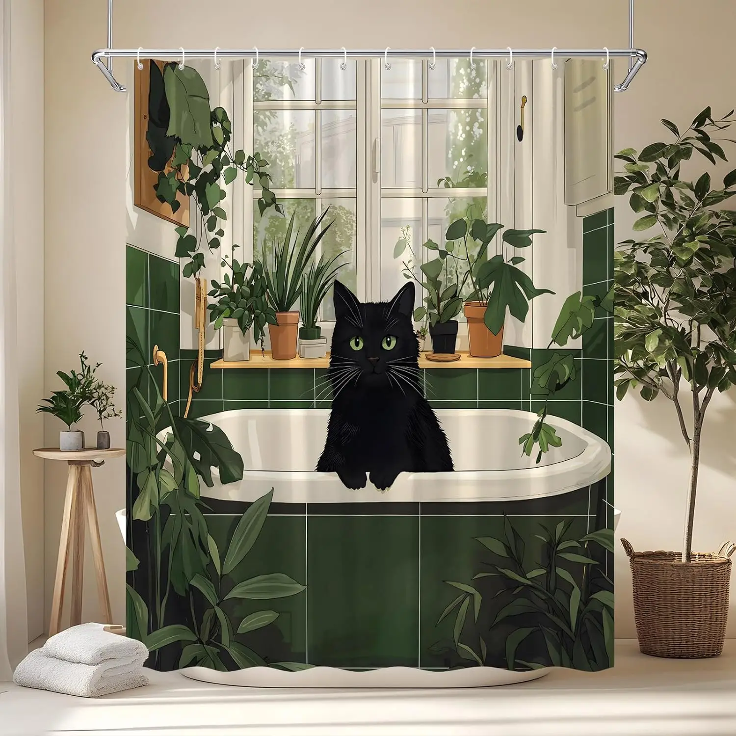 Plant Cat Shower Curtain Black Cat Cute Kitten Taking a Bath Green Leafy Plants Boho Botanicals Modern Fashion Aesthetics