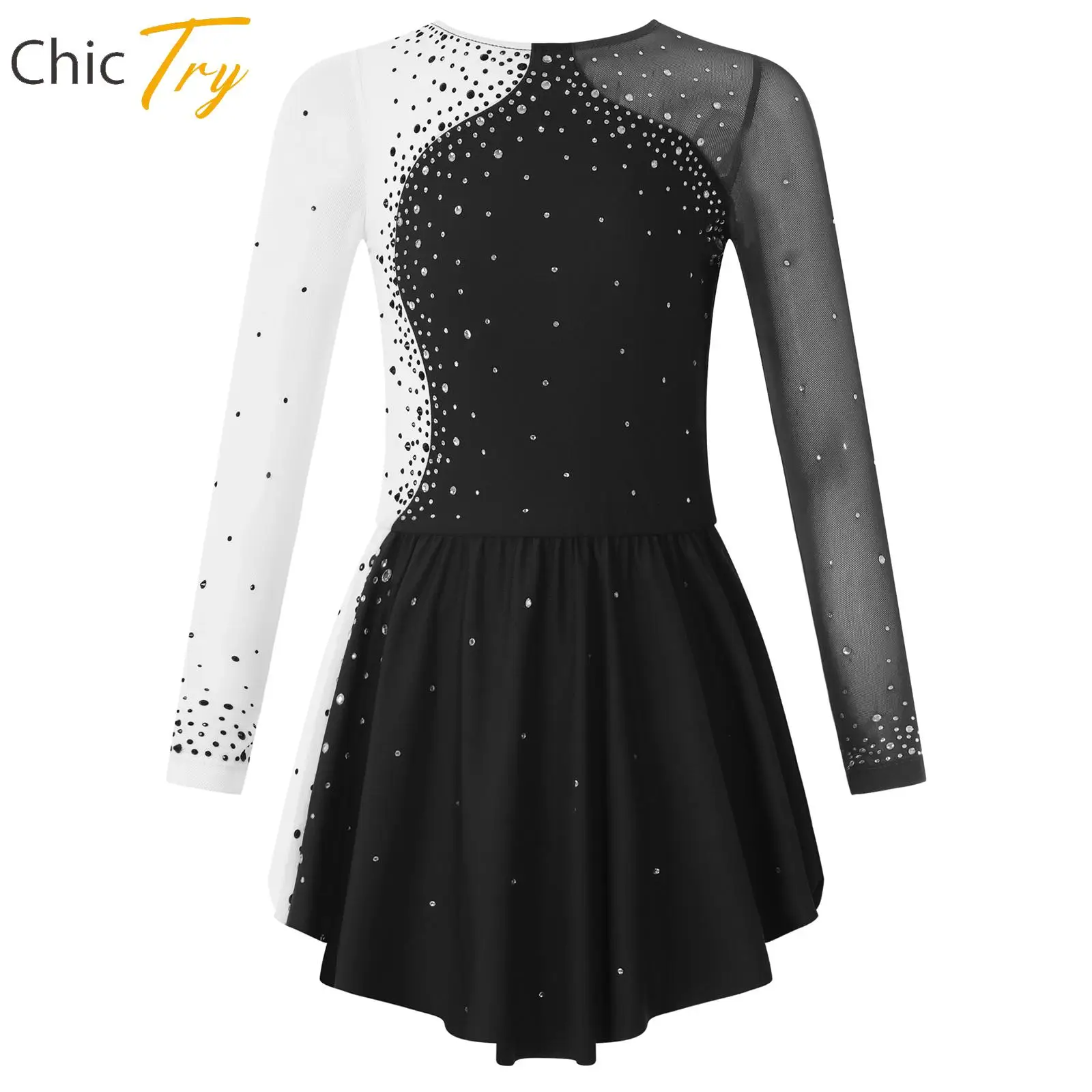 Girls Shiny Rhinestone Ballet Dance Dress Figure Skating Leotard Mini Dress Ballerina Costume Gymnastics Performance Dresses