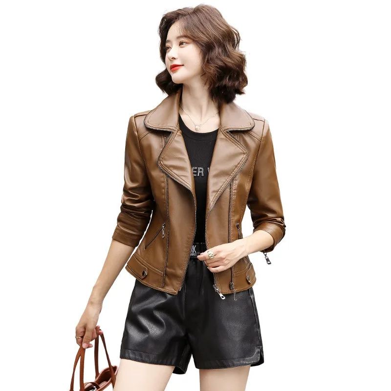 2023 Spring autumn new short small fellow loose commute simple slimming thin imitation sheep skin small leather coat female tide