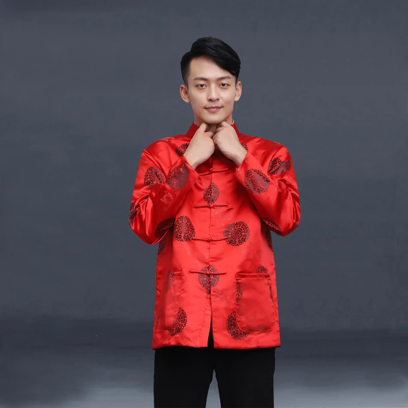 2022 Tang Suit Men\'s Shirt Chinese Traditional Retro Long-Sleeved Chinese Men\'s Kung Fu Hanfu New Year Clothes Birthday Party