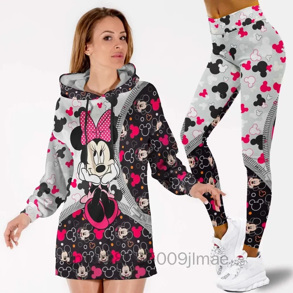 Disney-Conjunto de pantalones de Yoga de cintura alta para mujer, Sudadera con capucha de Minnie y Mickey, traje deportivo de moda