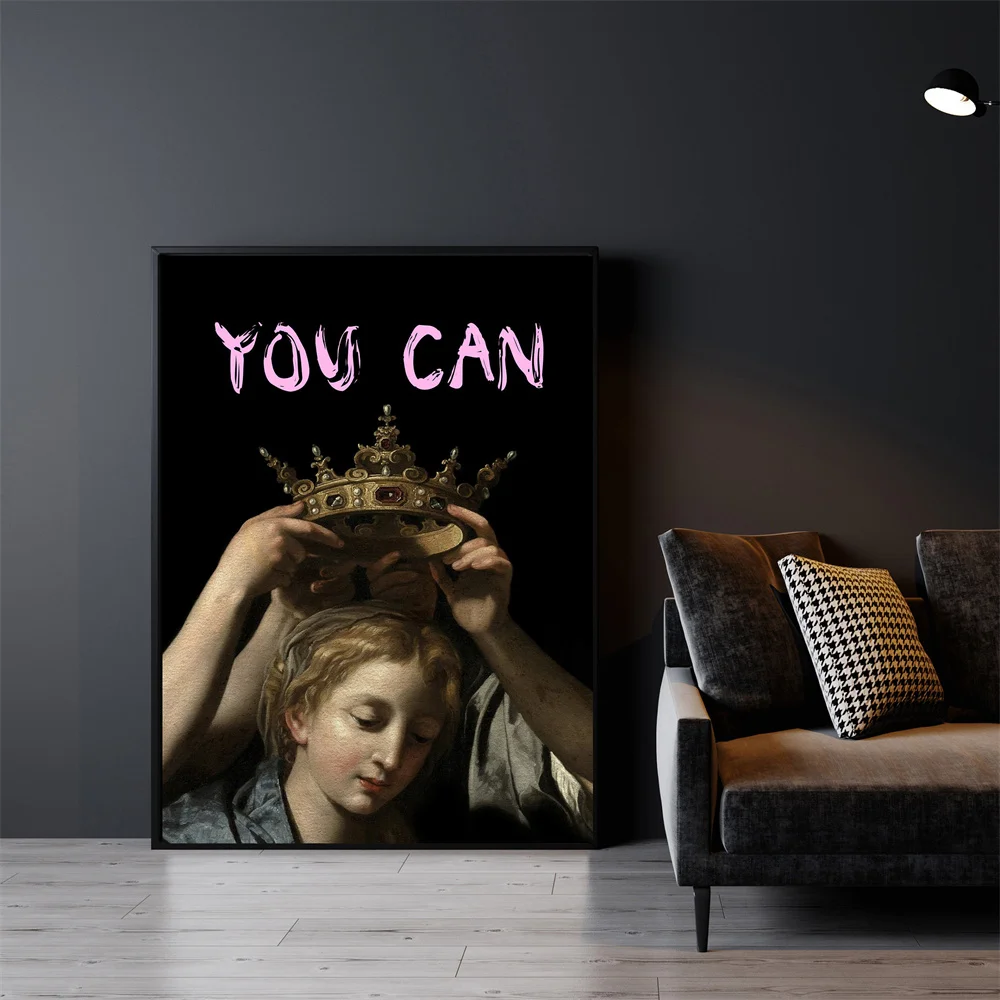 Modern Poster Pink Quotes Print Funny Altered Art Portrait of Woman You can Canvas Painting Vintage Renaissance Picture Decor