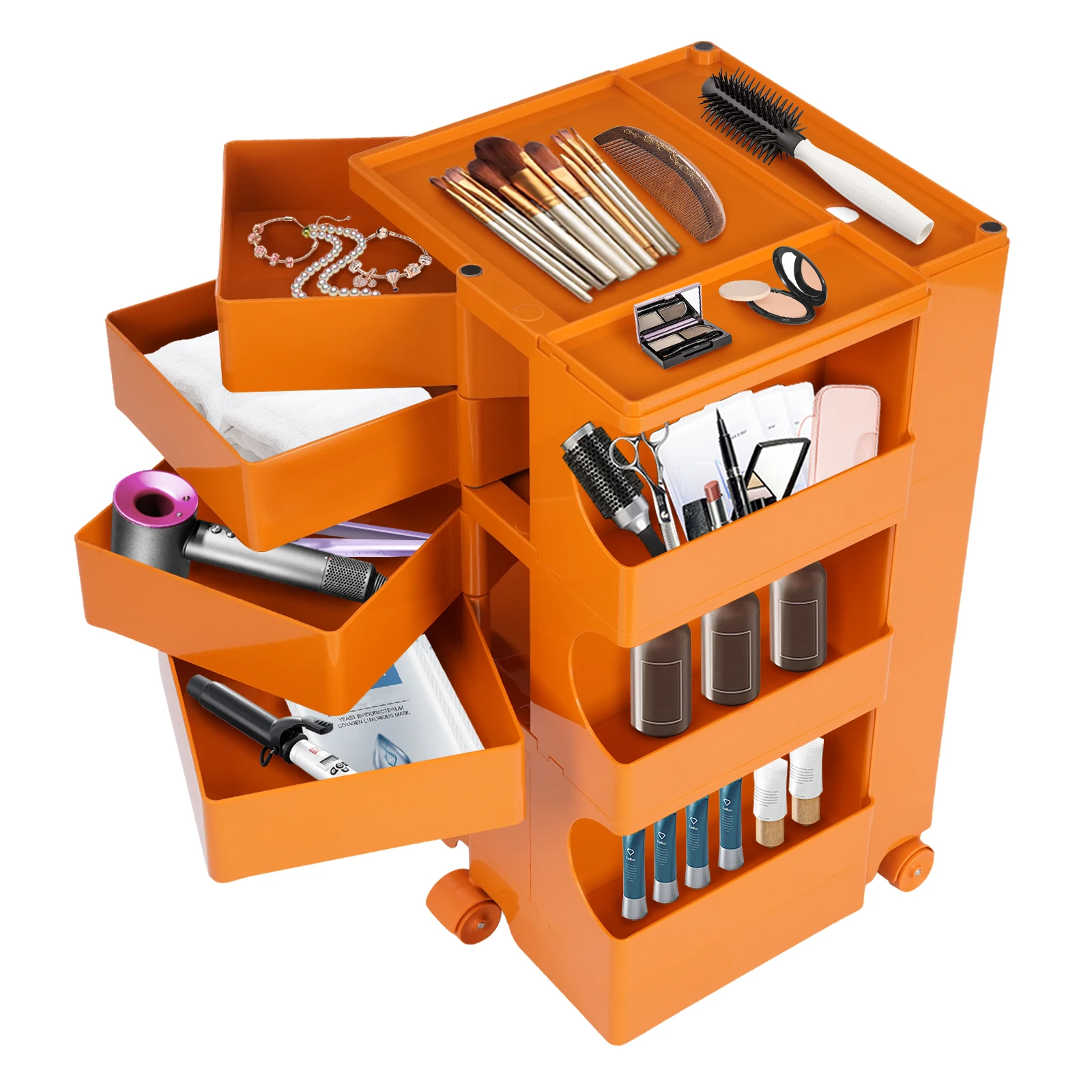 Portable Storage Cart - Industrial Storage with Wheels and Slide Out Drawers - Professional Trolley Cart  Orange