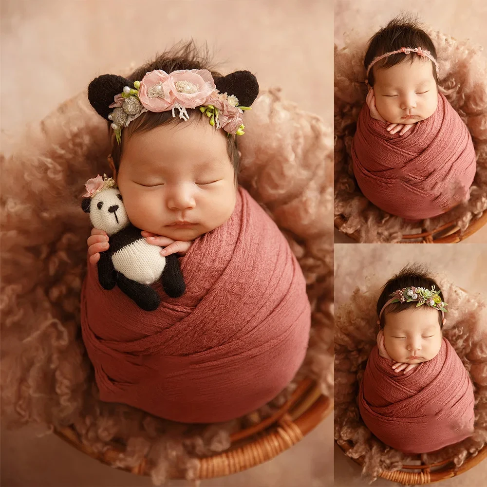 0-1 Month Baby Photography Props Panda Doll Headflower Prop Newborn Cotton Gauze Swaddle Wrap Studio Shooting Scene Accessories