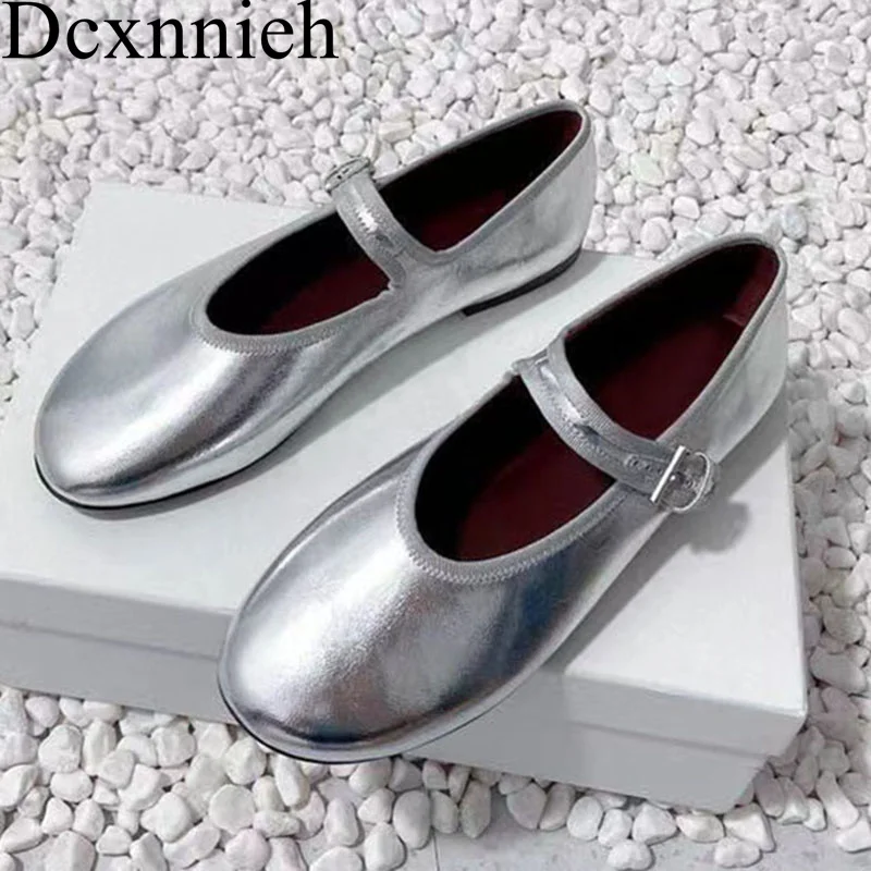 

Women Soft Genuine Leather Flat Loafers Spring Autumn Round Toe Shallow Mouth Belt Buckle Ballet Shoes Comfort Vacation Shoes