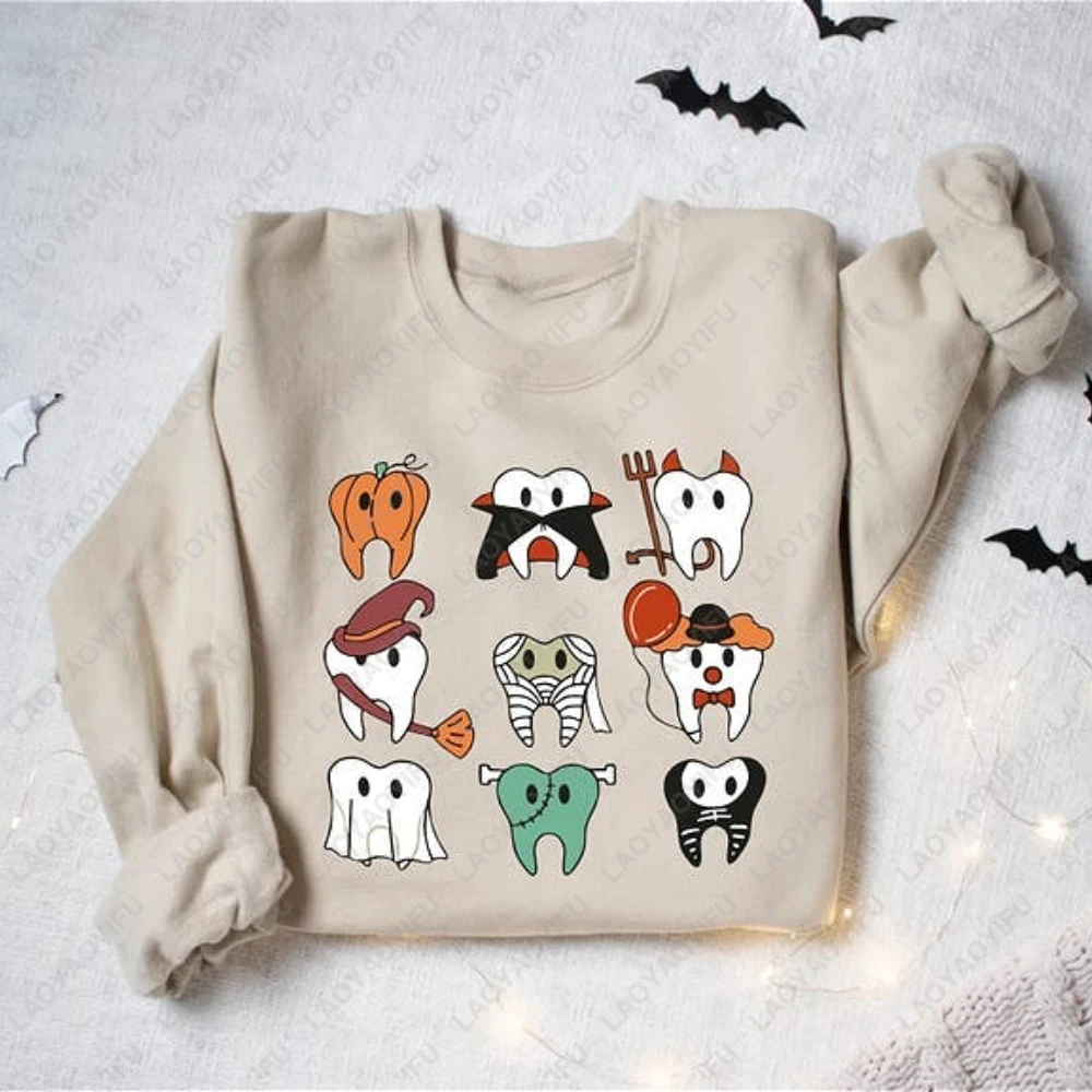 Spooky Halloween Dentist Pattern Sweatshirt  Pumpkin Ghost Dental Print Hoodie  Woman Man Warm New in Fashion Lovely Hoodies
