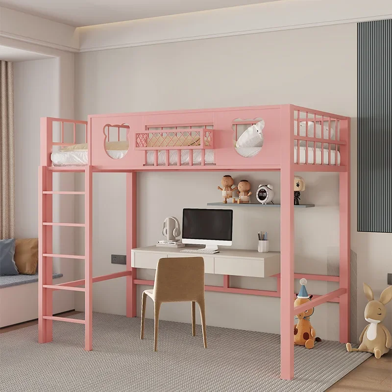 Wrought iron duplex elevated bed duplex second floor bed small apartment loft bed under table