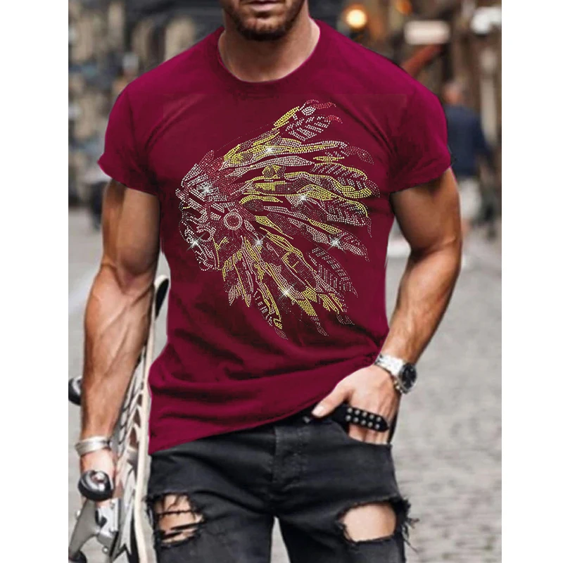 Fashion Men\'s Clothing Oversized Tee y2k Indian Rhinestone Designer Short Sleeve Tops Hip Hop Casual Street t-shirt High Quality