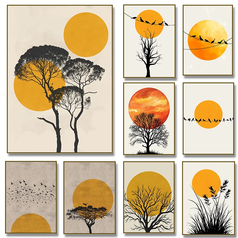 Thousands of Birds with Sun Poster Yellow Trees Canvas Painting Abstract Landscape Print Wall Art for Living Room Home Decor