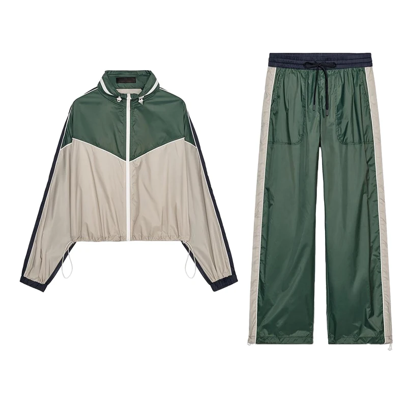 Frühling Damen Hose mit weitem Bein und Farbe Blo Trim Long Sve Stehkragen Jaet Zweiteiliges Set Lange Hose Lässige Sportbekleidung